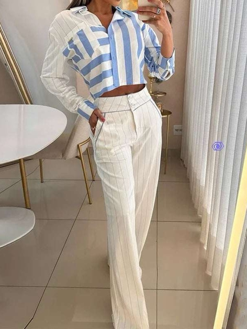 Commense Blue & White Striped Crop Shirt with White Wide-Leg Pants set